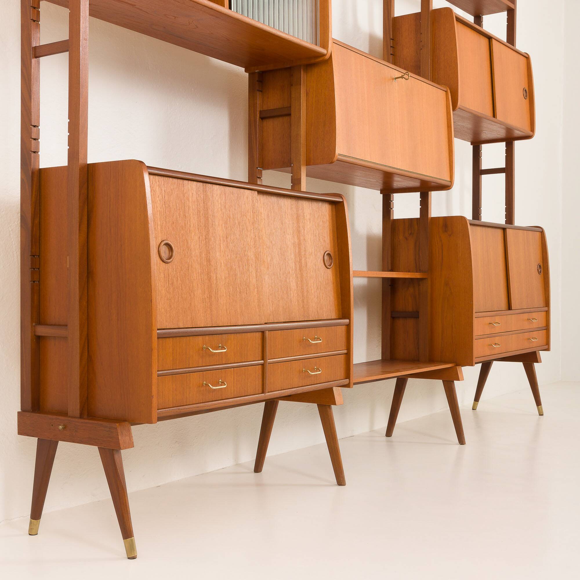 Scandinavian free-standing teak wall unit with 5 cabinets, Norway 1960s