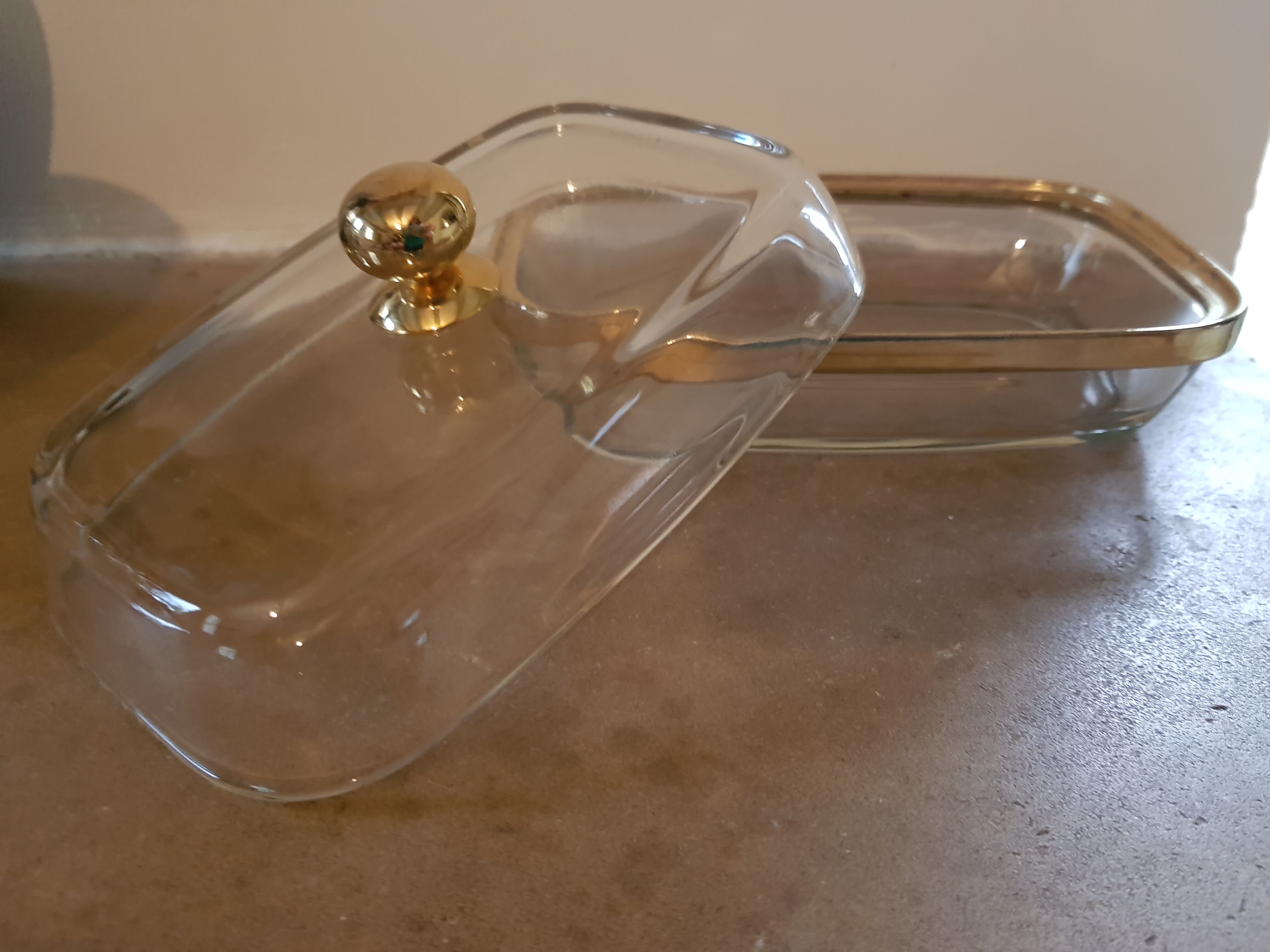 Gold glass butter dish