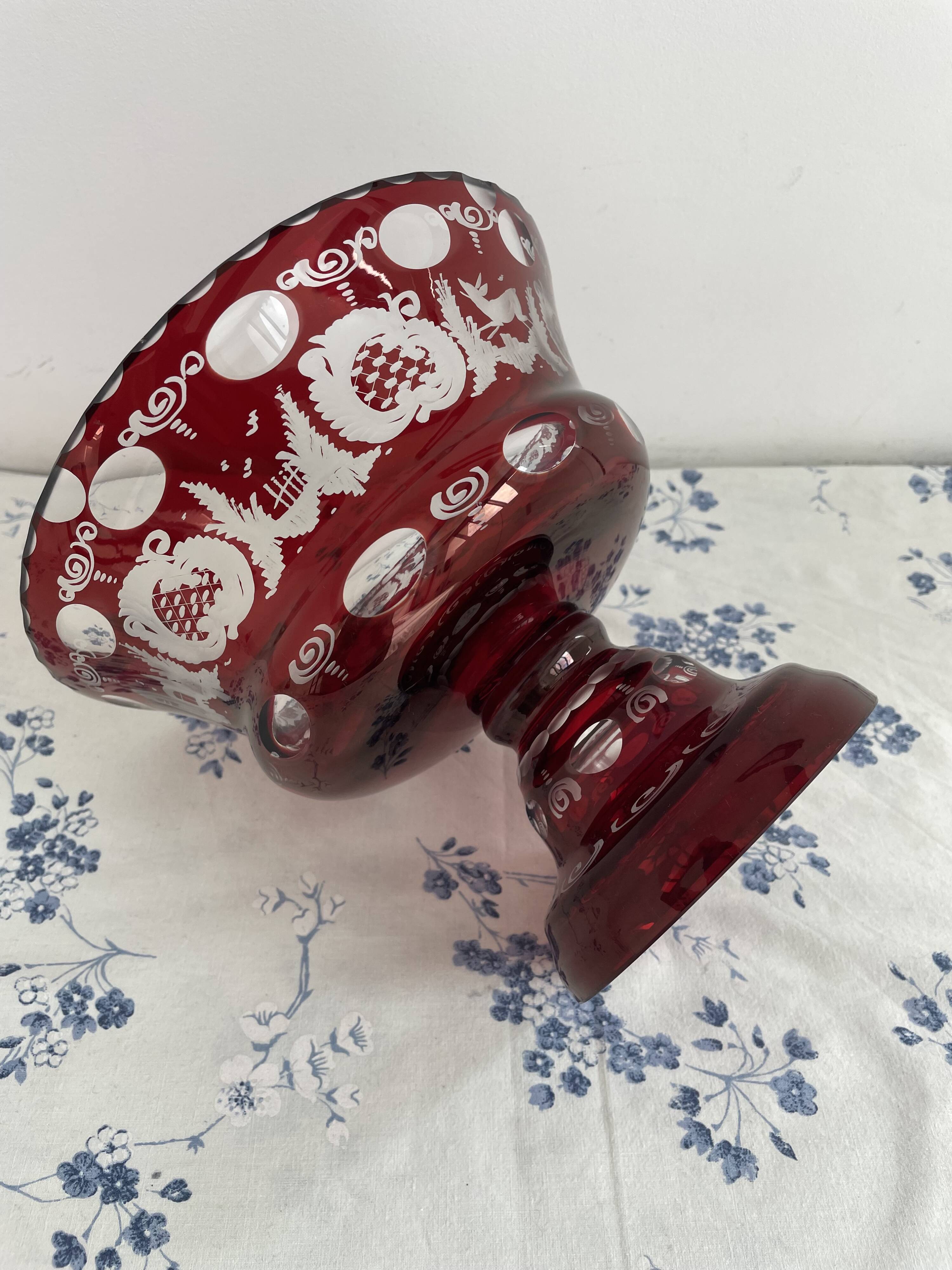 Large red and white overlay glass bowl, Bohemian 20th century