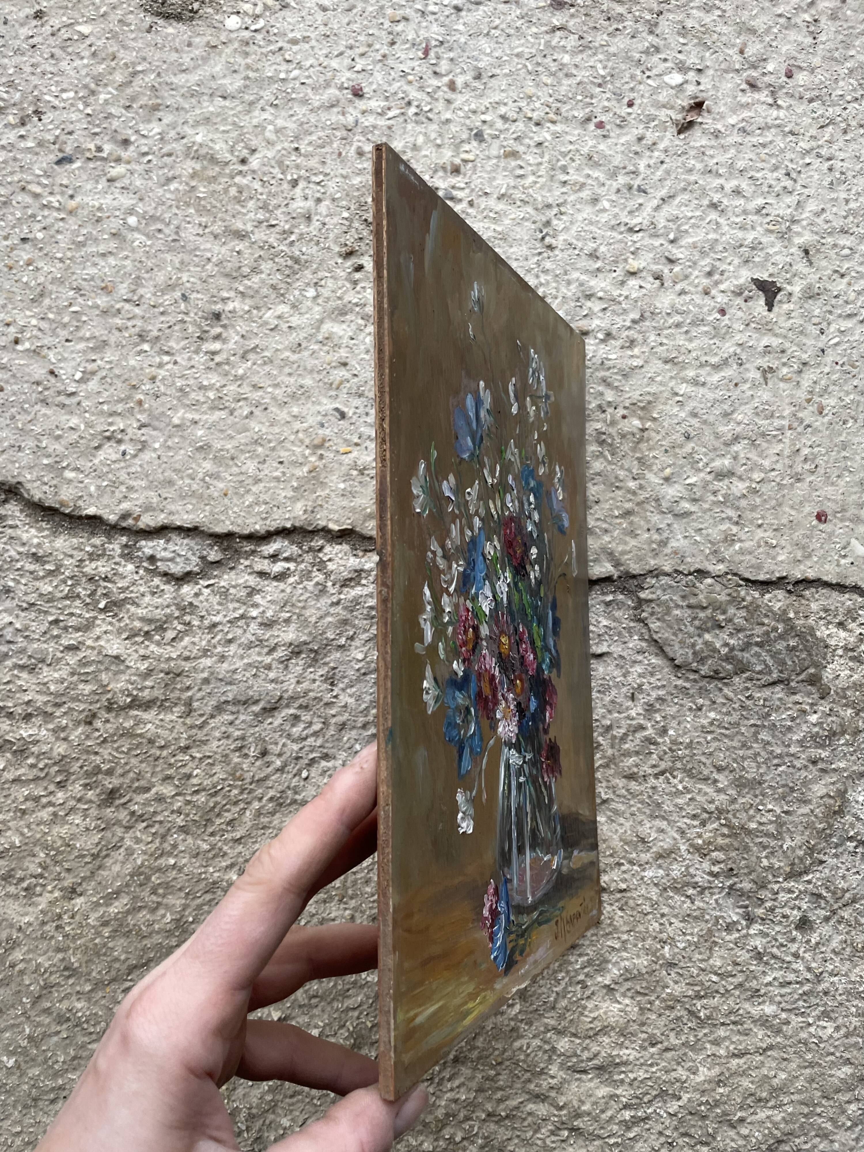 Oil on old panel, still life signed