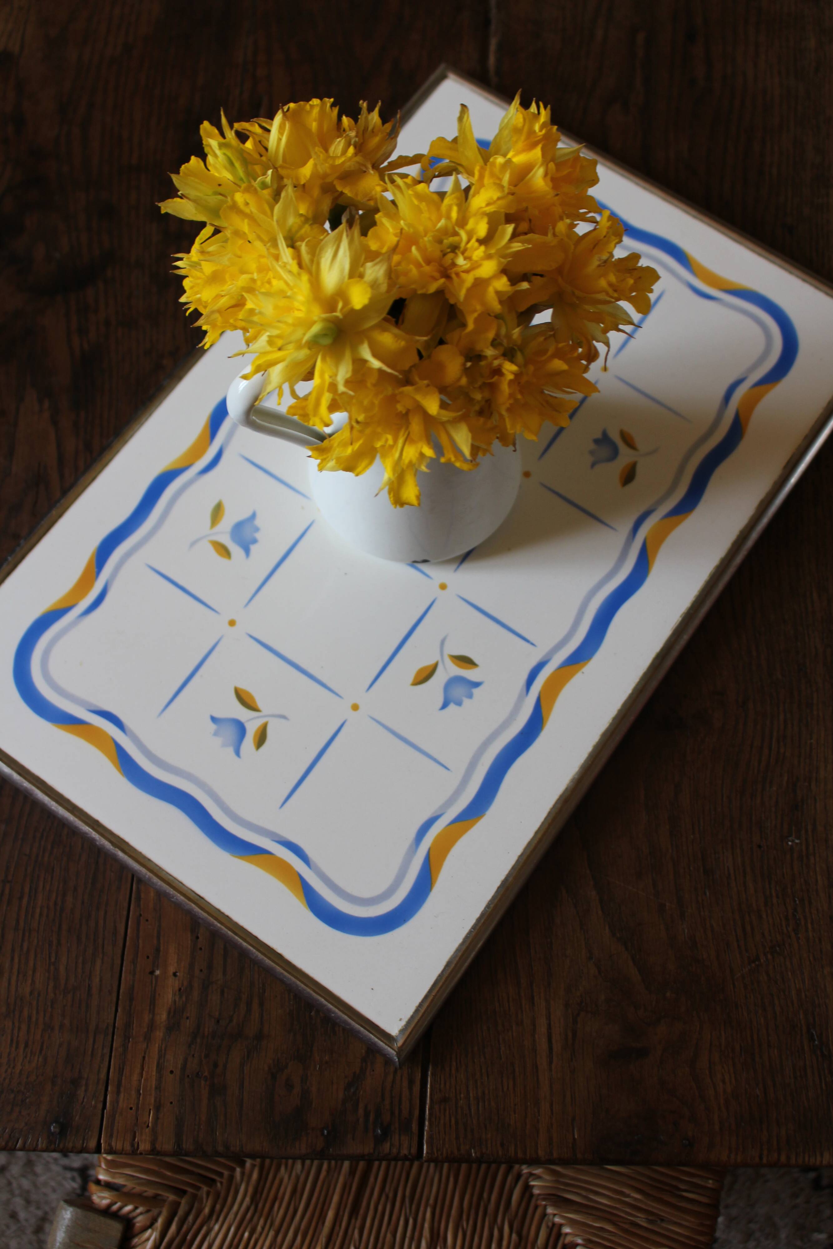 Art Deco yellow and blue tulip metal earthenware tray