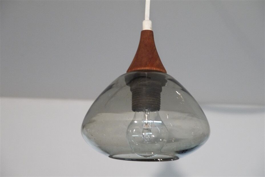 Scandinavian boomerang chandelier in teak and glass