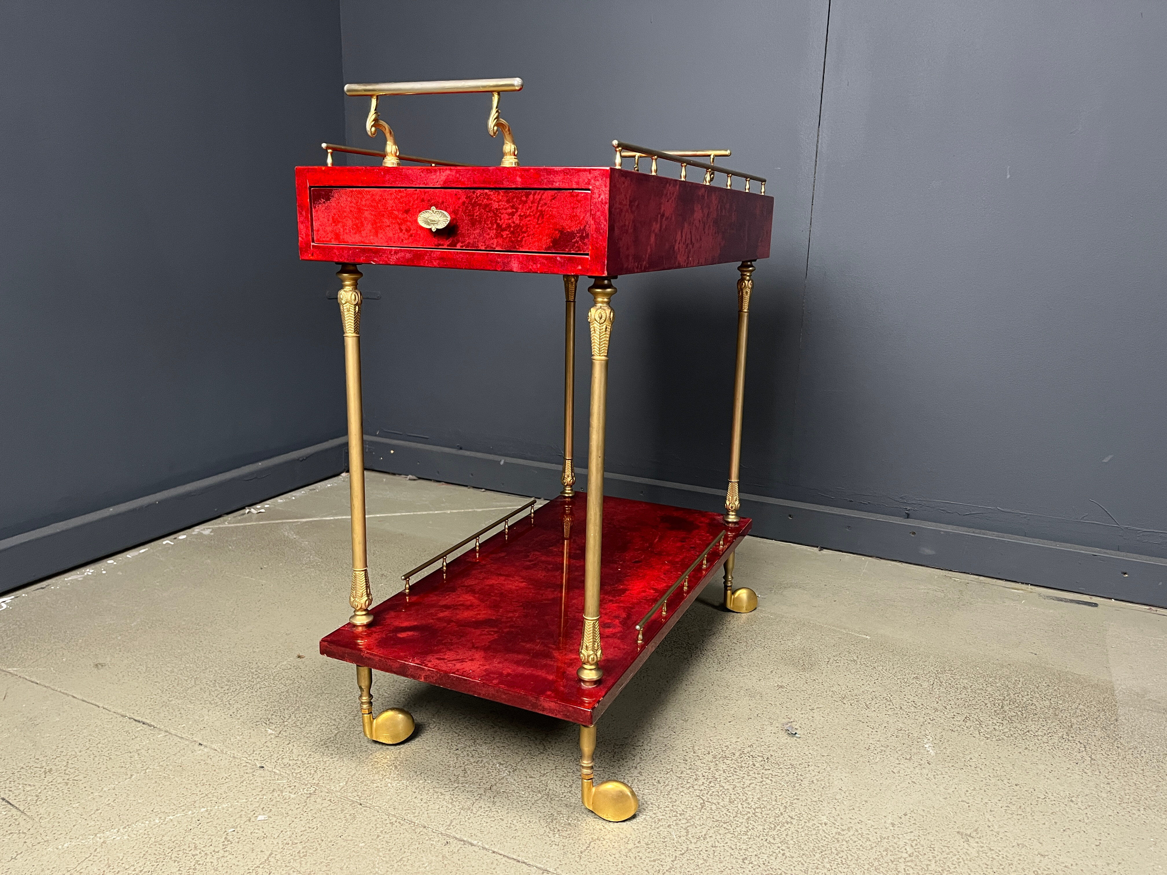 Rare Italian lacquered goatskin / parchment serving bar cart by Aldo Tura, 1960s
