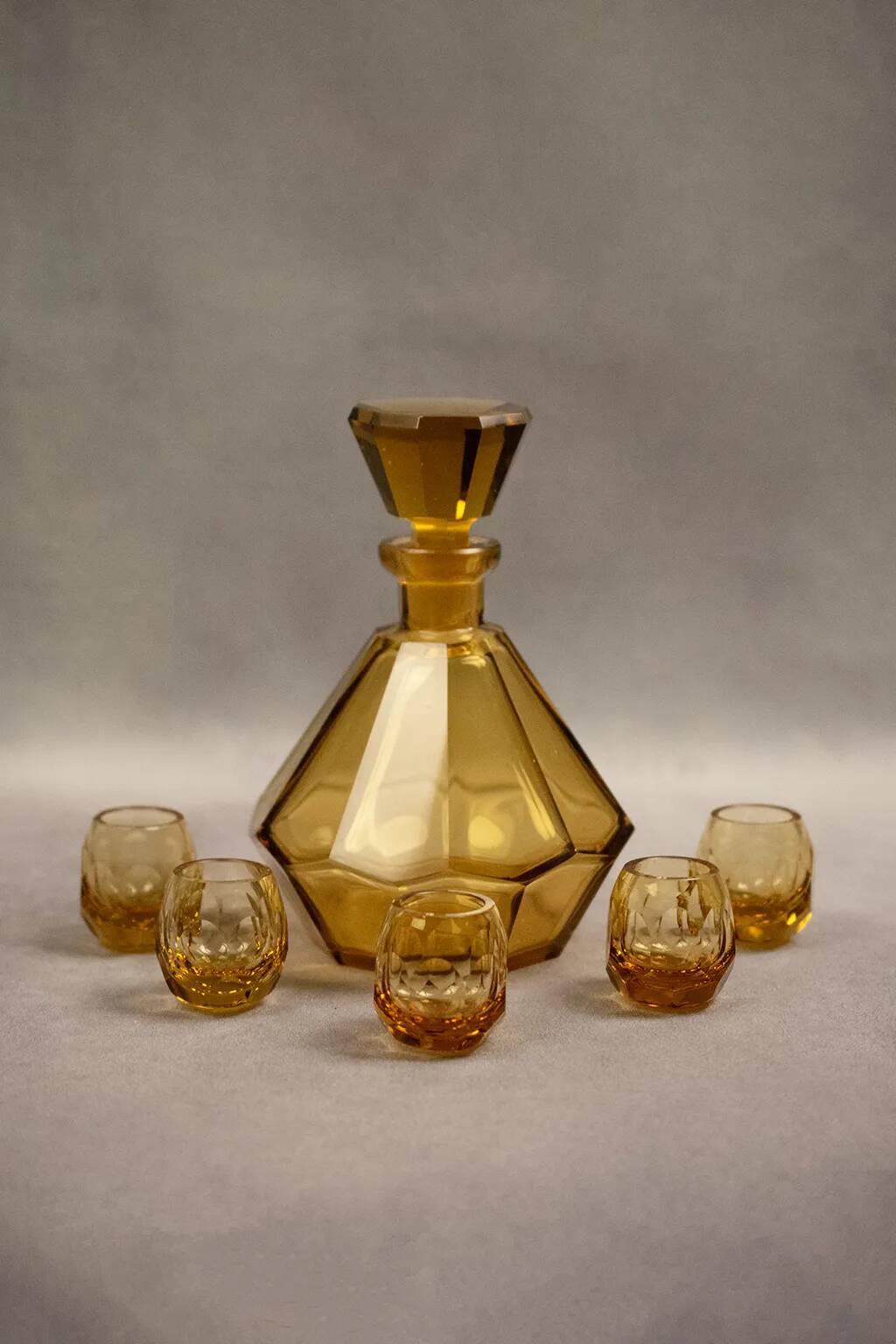 Art Deco Moser liqueur set in frosted orange glass