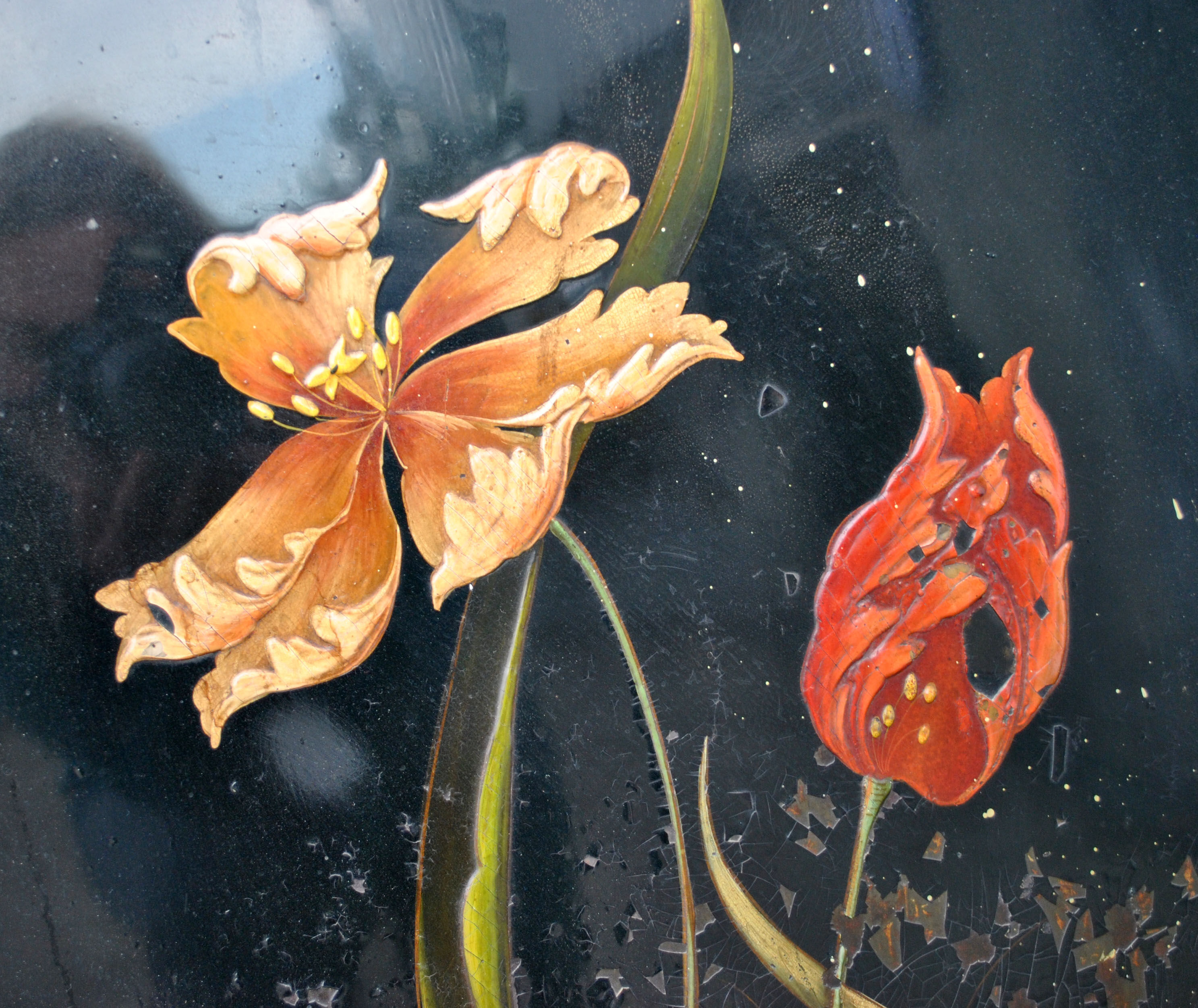 Art nouveau firewall in black enamelled sheet metal - decoration of painted tulips screen 1900