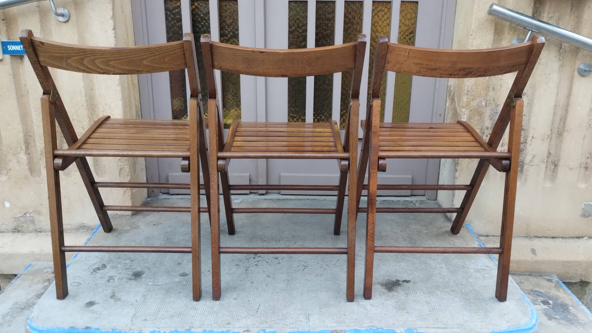 Set of 3 vintage solid wood folding chairs