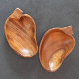 2 teak leaf-shaped trays