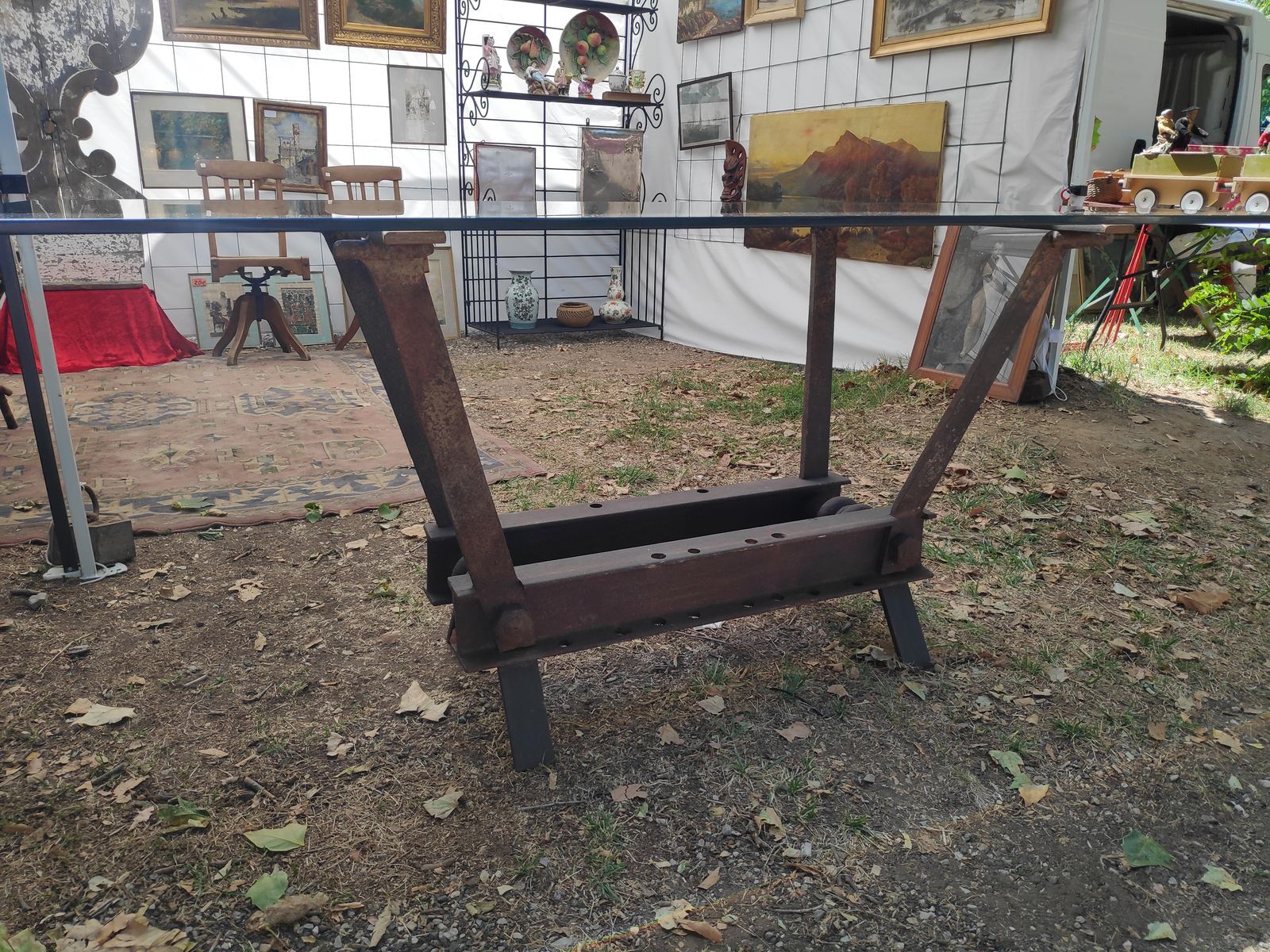 Table industrielle fer et verre 200 x 900 cm
