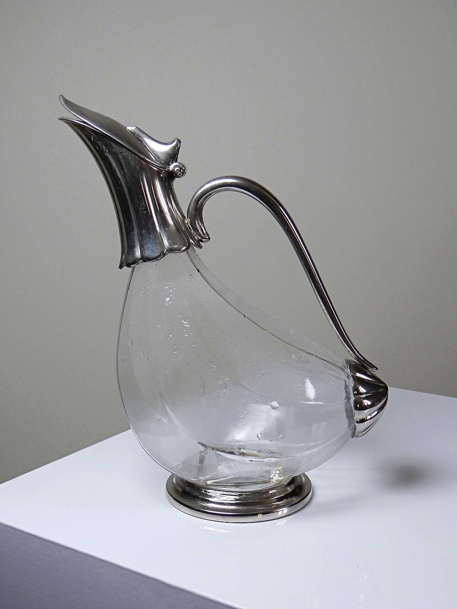 Vintage glass and silver-plated metal jug, modernist pitcher/carafe from 1950-1970.