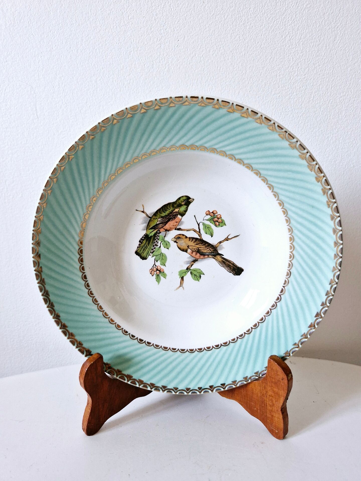 5 assiettes creuses Badonviller oiseaux liseré doré