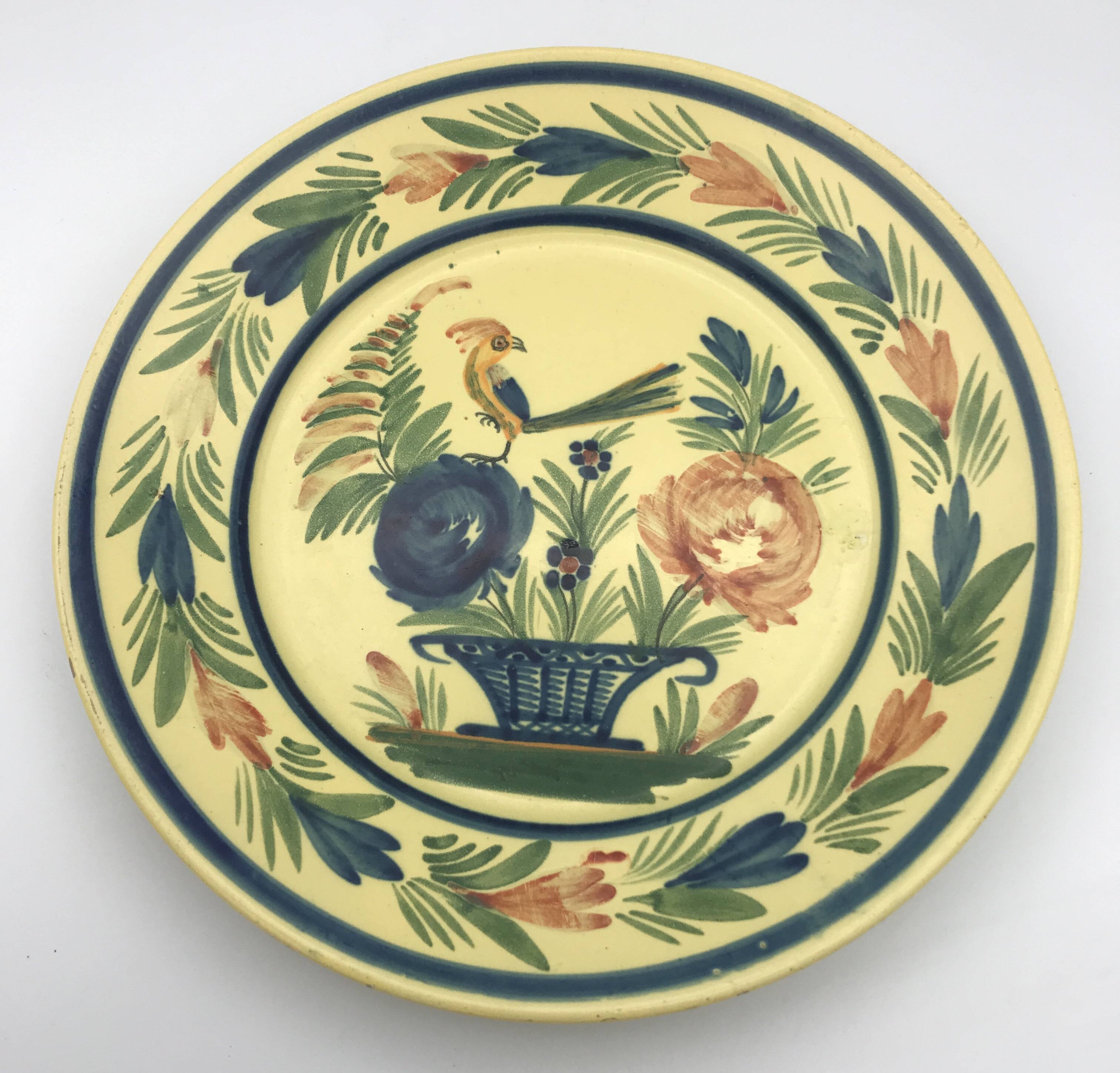 Antique earthenware plate hb henriot quimper floral and bird basket decor