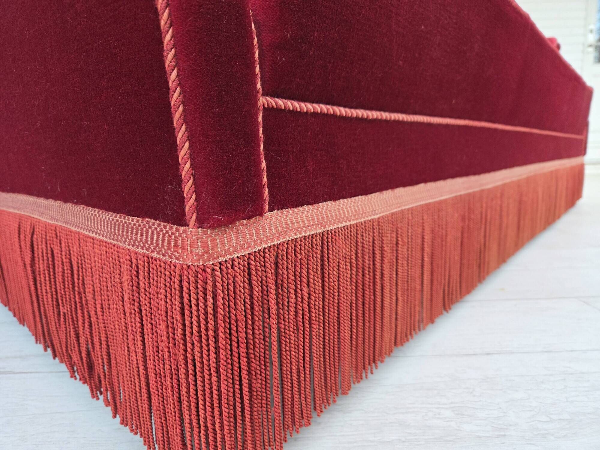 1960s, Danish 3-seater sofa, cherry-red furniture velour, ash wood.