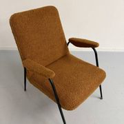 Vintage metal armchair with orange boucle fabric, French design from the 1950s.