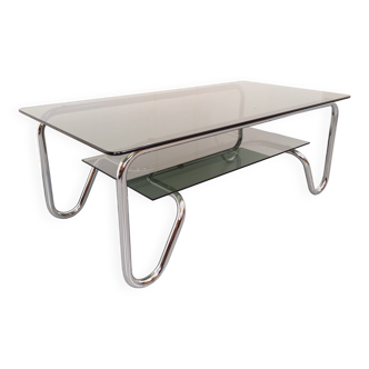 Table basse rectangulaire italienne vintage 2 plateaux en verre fumé