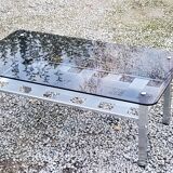 Table basse design en acier brossé plateau en verre fumé 1970