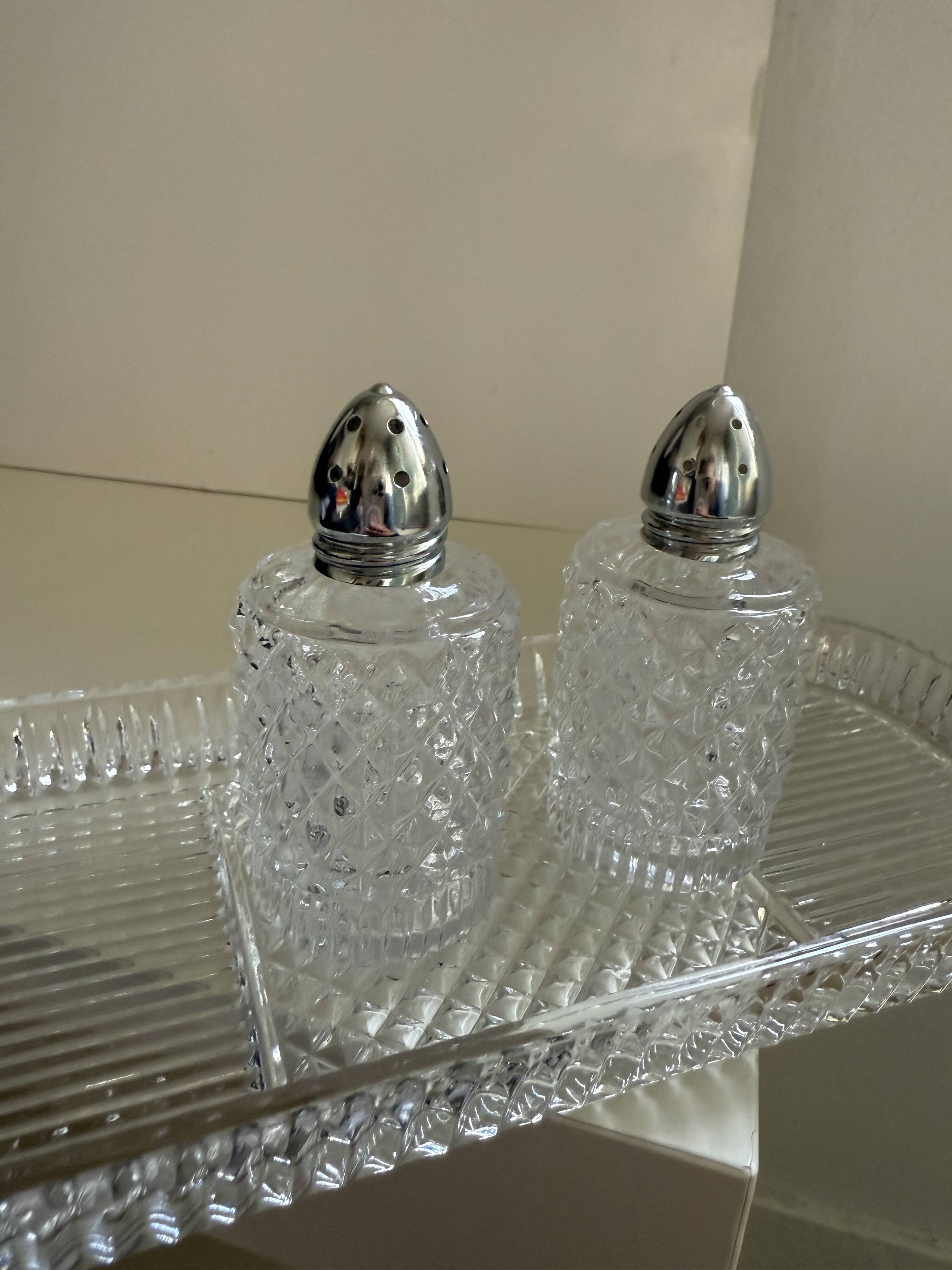 Tray with crystal salt and pepper shakers