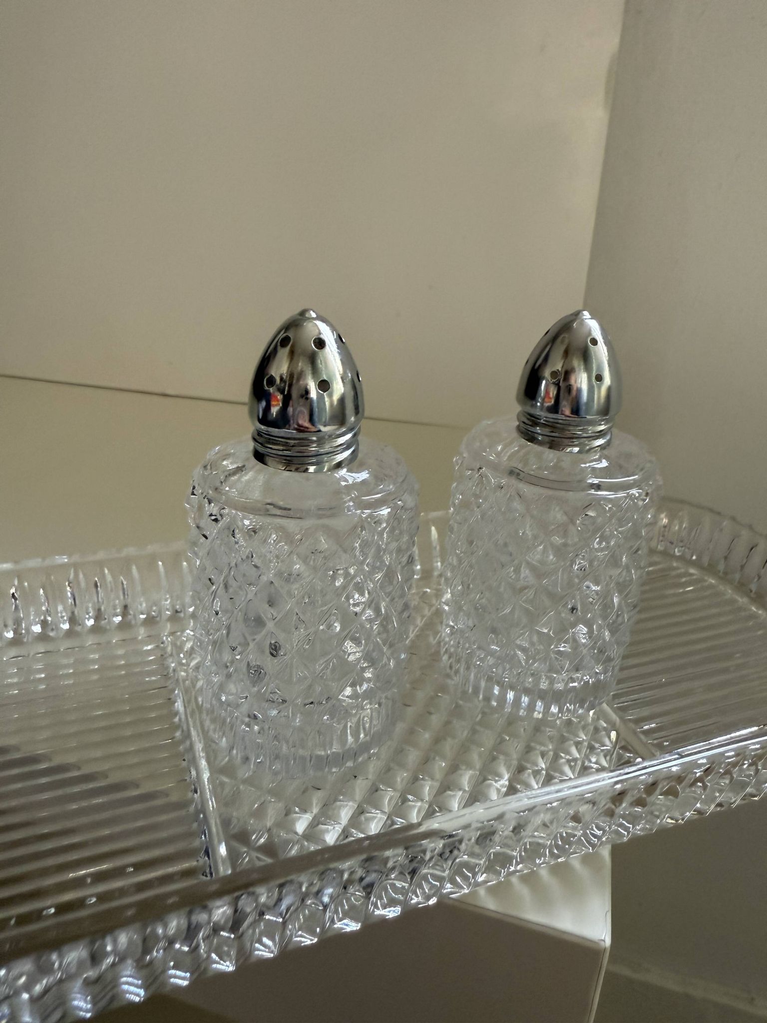 Tray with crystal salt and pepper shakers