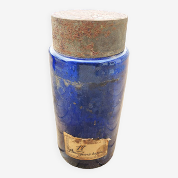 Old medicine jar / blue apothecary bottle buds fir