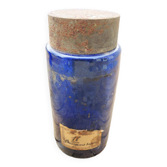 Old medicine jar / blue apothecary bottle buds fir