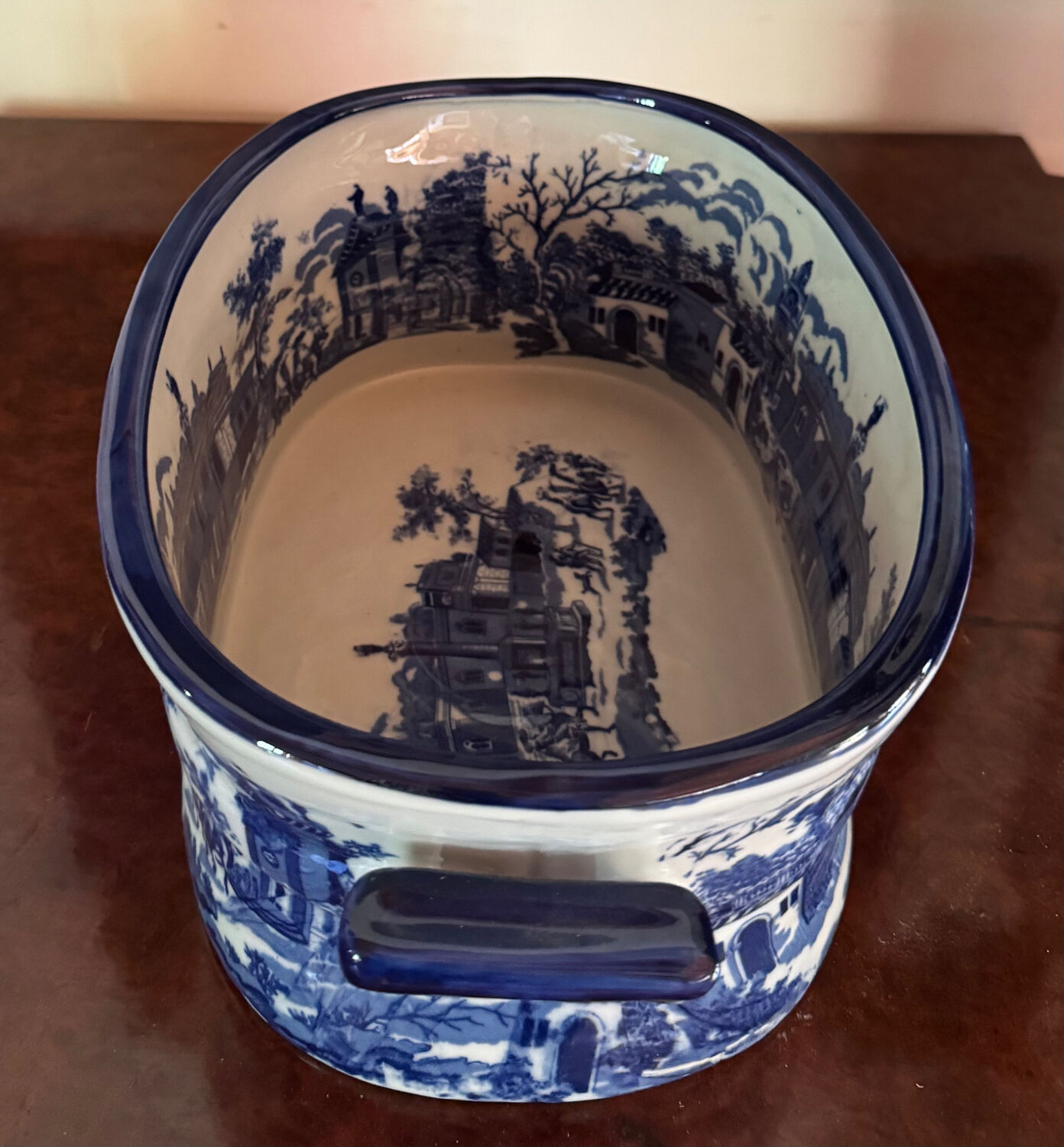 English earthenware planter, blue monochrome, 20th century