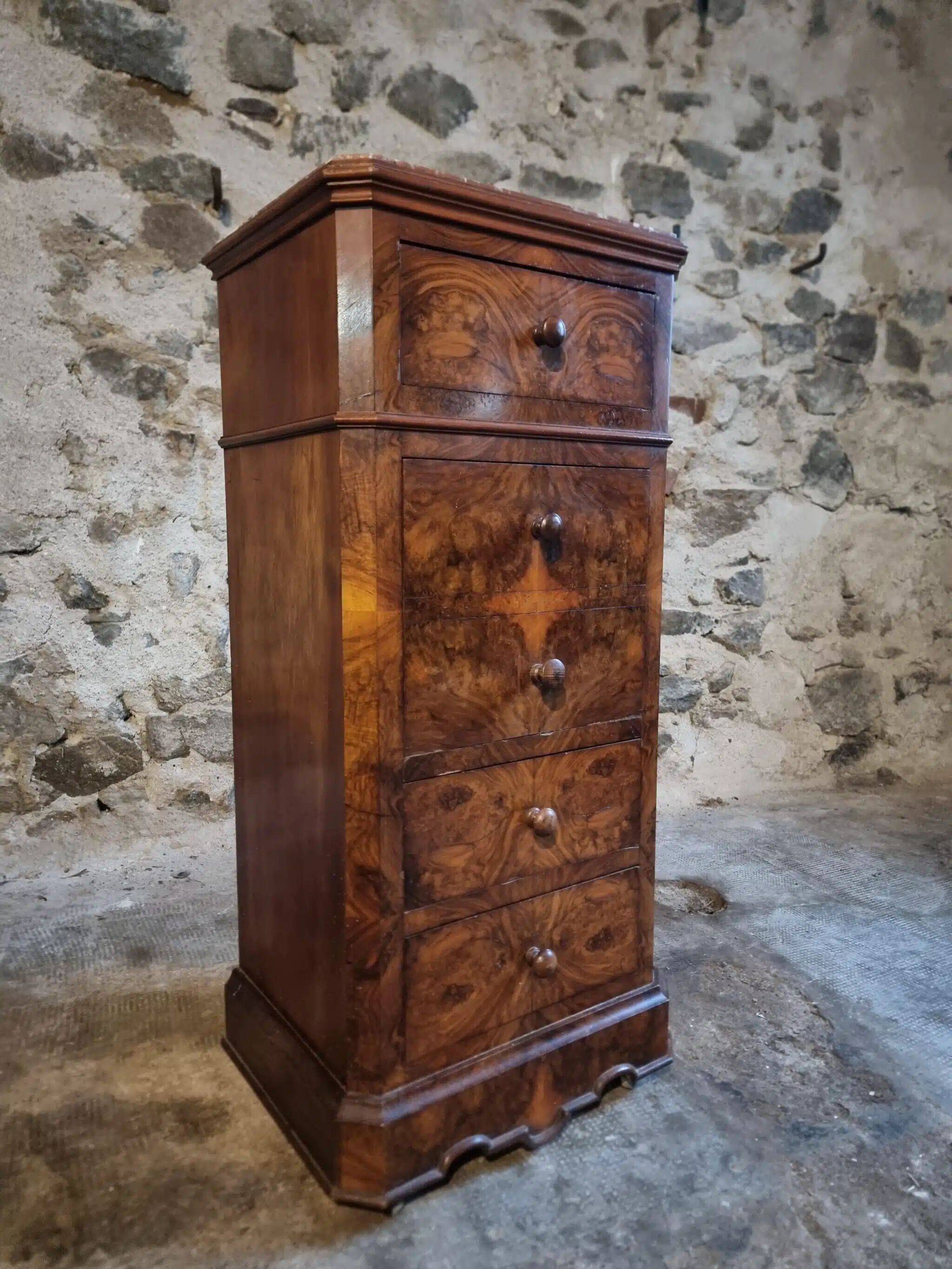 French antique bedside table in oak with walnut burl veneer, circa 1900.