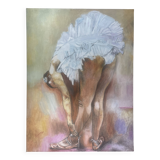Oil on canvas, Dancer in tutu lacing slipper, signed Esseau