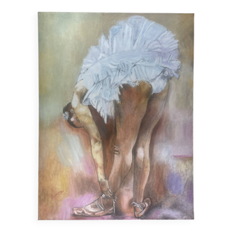 Oil on canvas, Dancer in tutu lacing slipper, signed Esseau