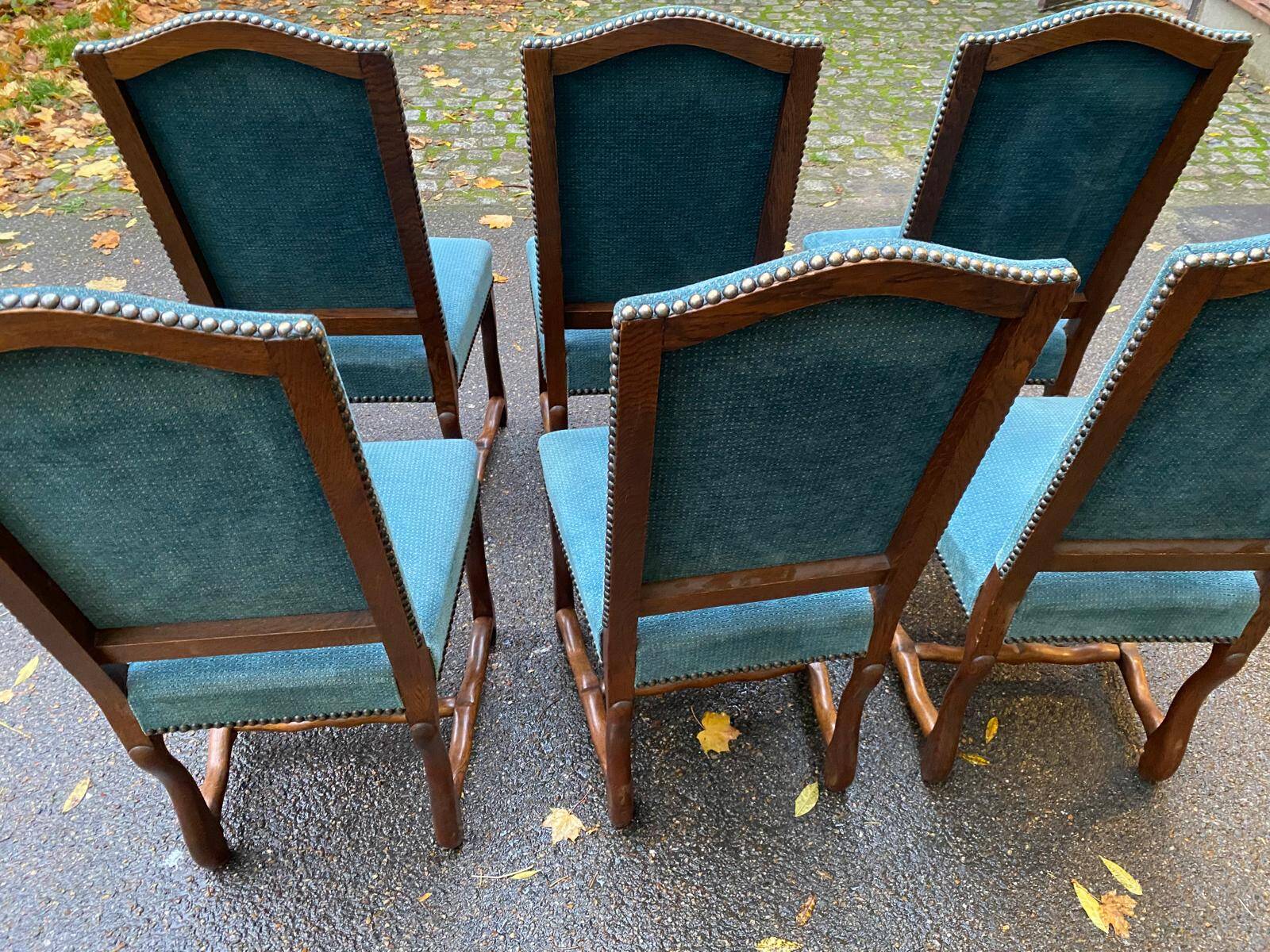 6 chaises Louis XIII bois massif os de mouton et velours bleu 19ème