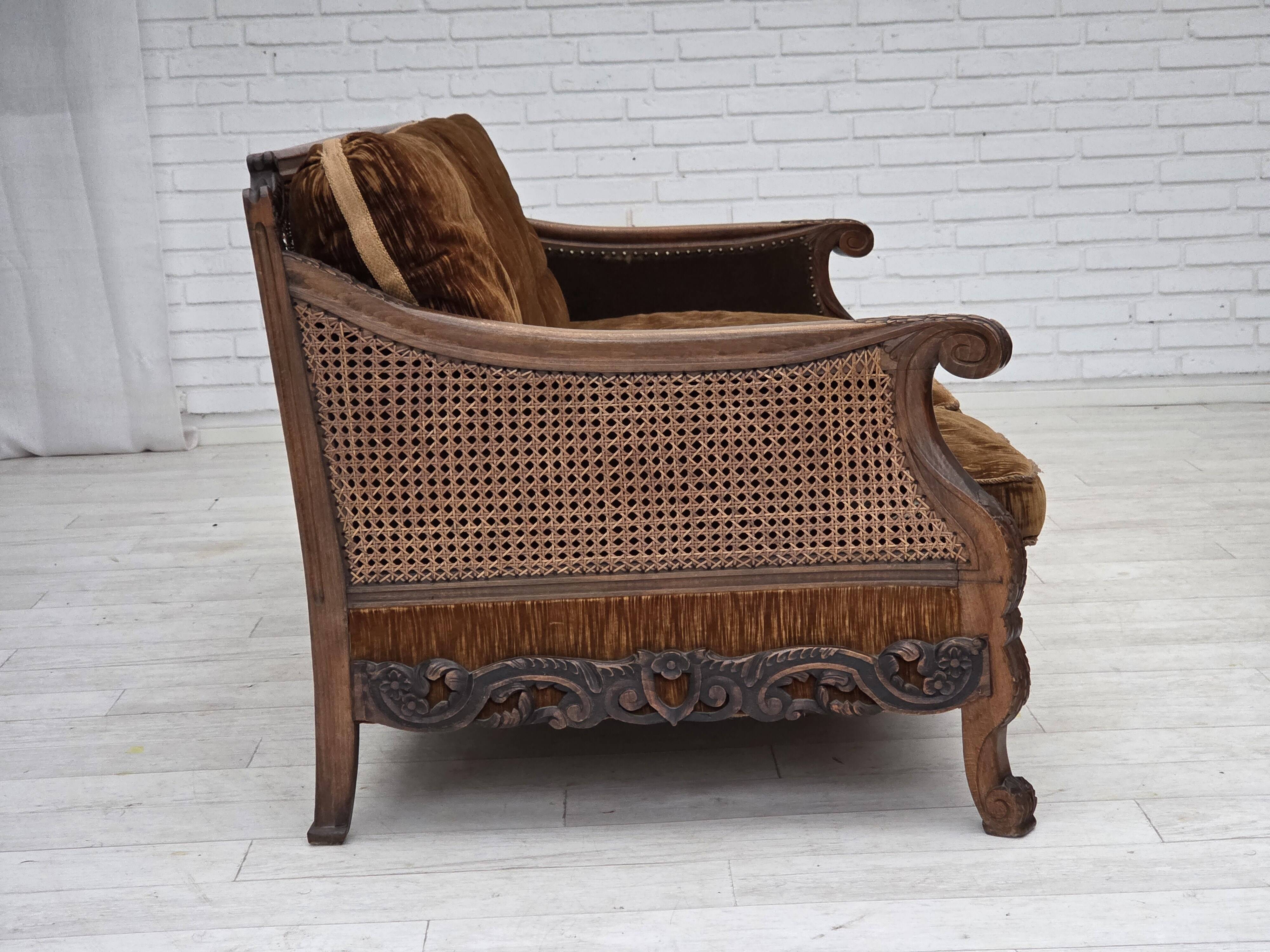 1930-35s, Danish 3-seater sofa, furniture velour, furniture mesh, ash wood.