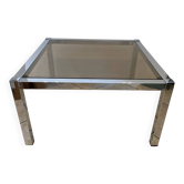 Table basse carrée plateau en verre fumé et pied chromé années 70