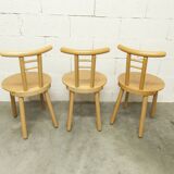 Set of 3 minimalist chairs in light wood, 1980s Italy