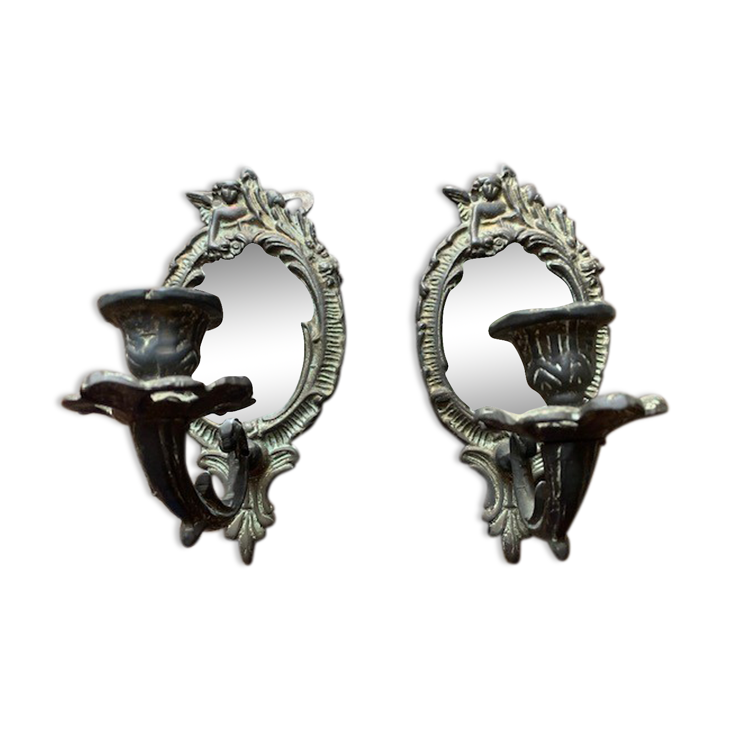 Pair of antique bronze candle holders