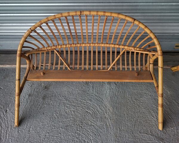 Lit, tête et pied ou banquette en rotin vintage