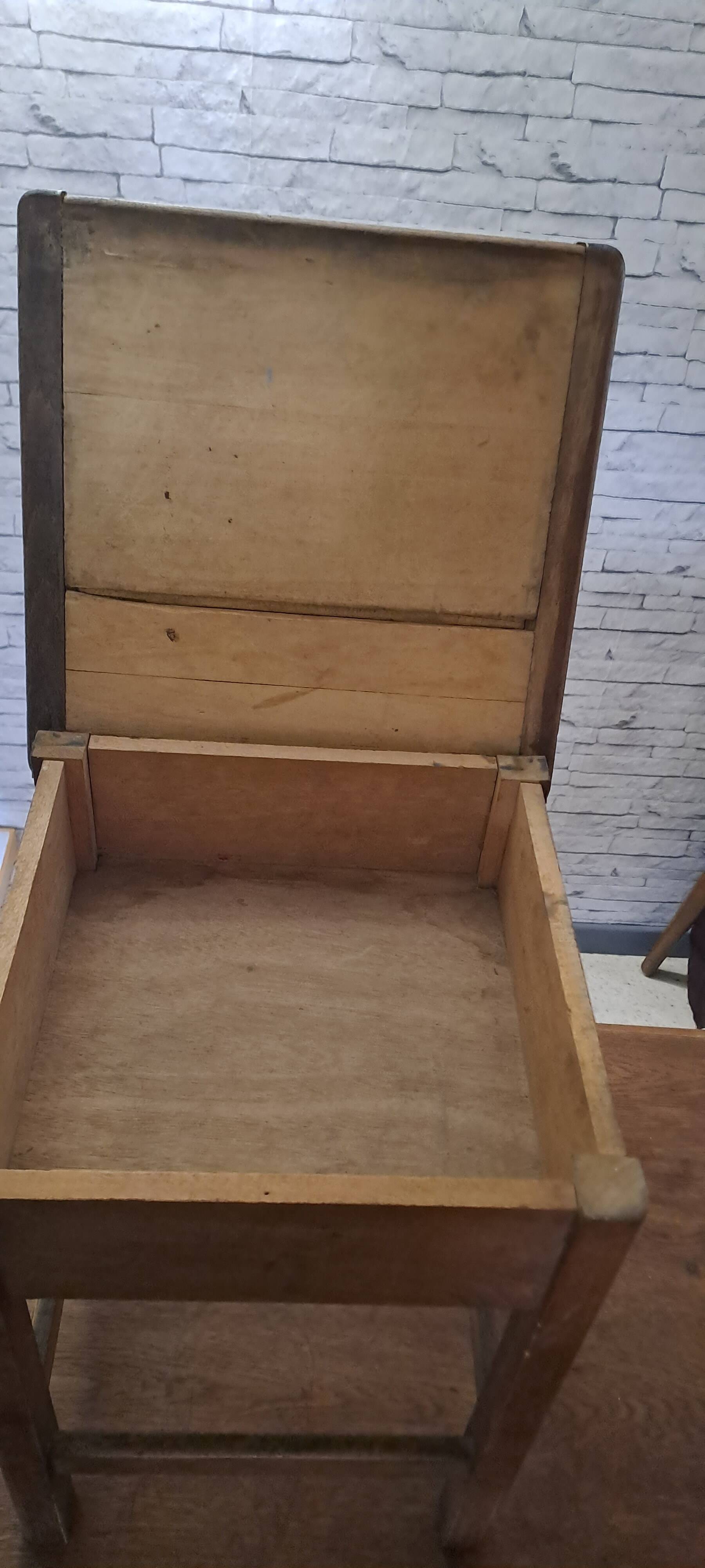 Stained brown wood stool 1940 with locker extra furniture decoration kitchen workshop veranda