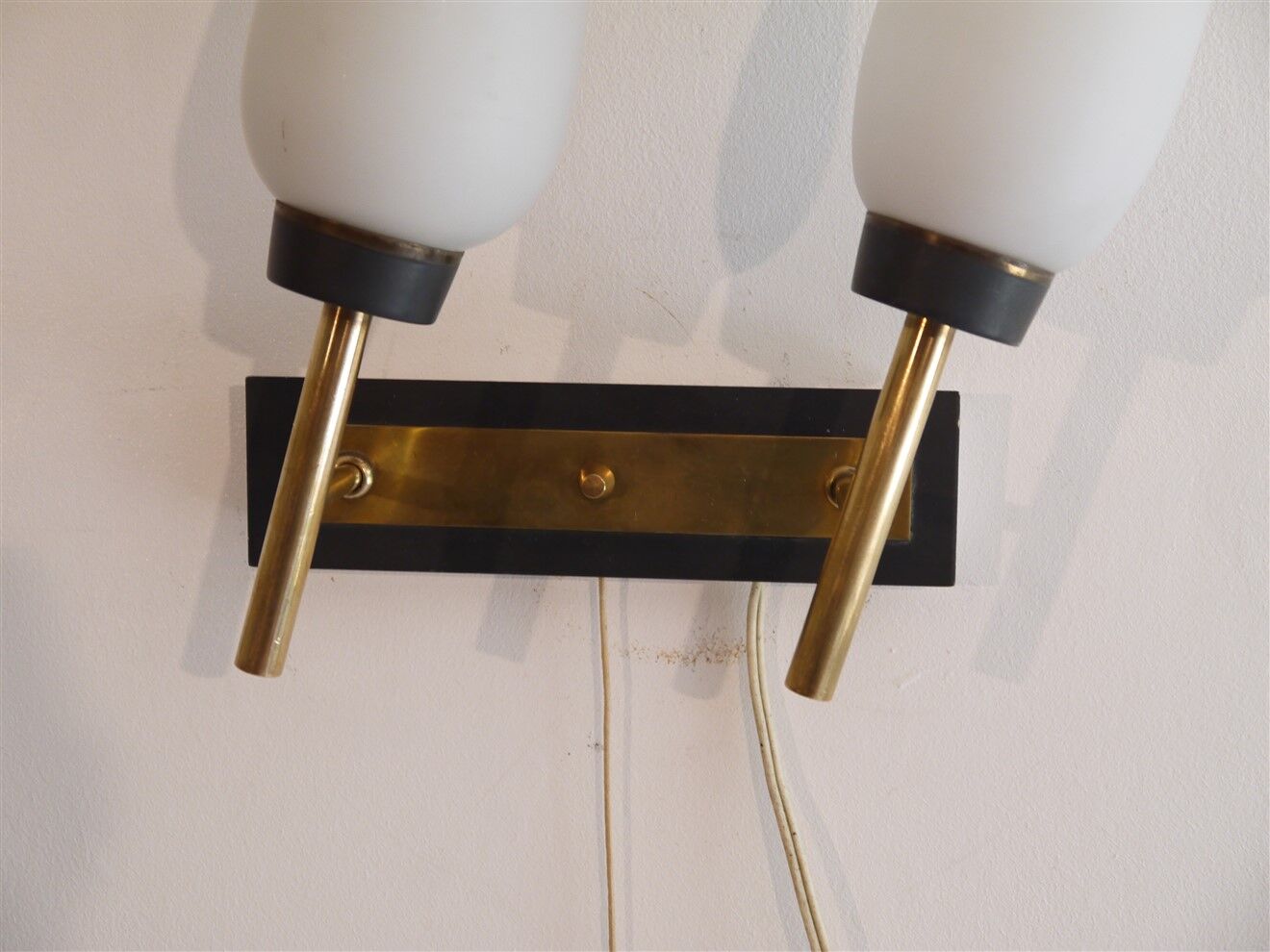 Pair of vintage brass metal and opaline wall lamps 1960