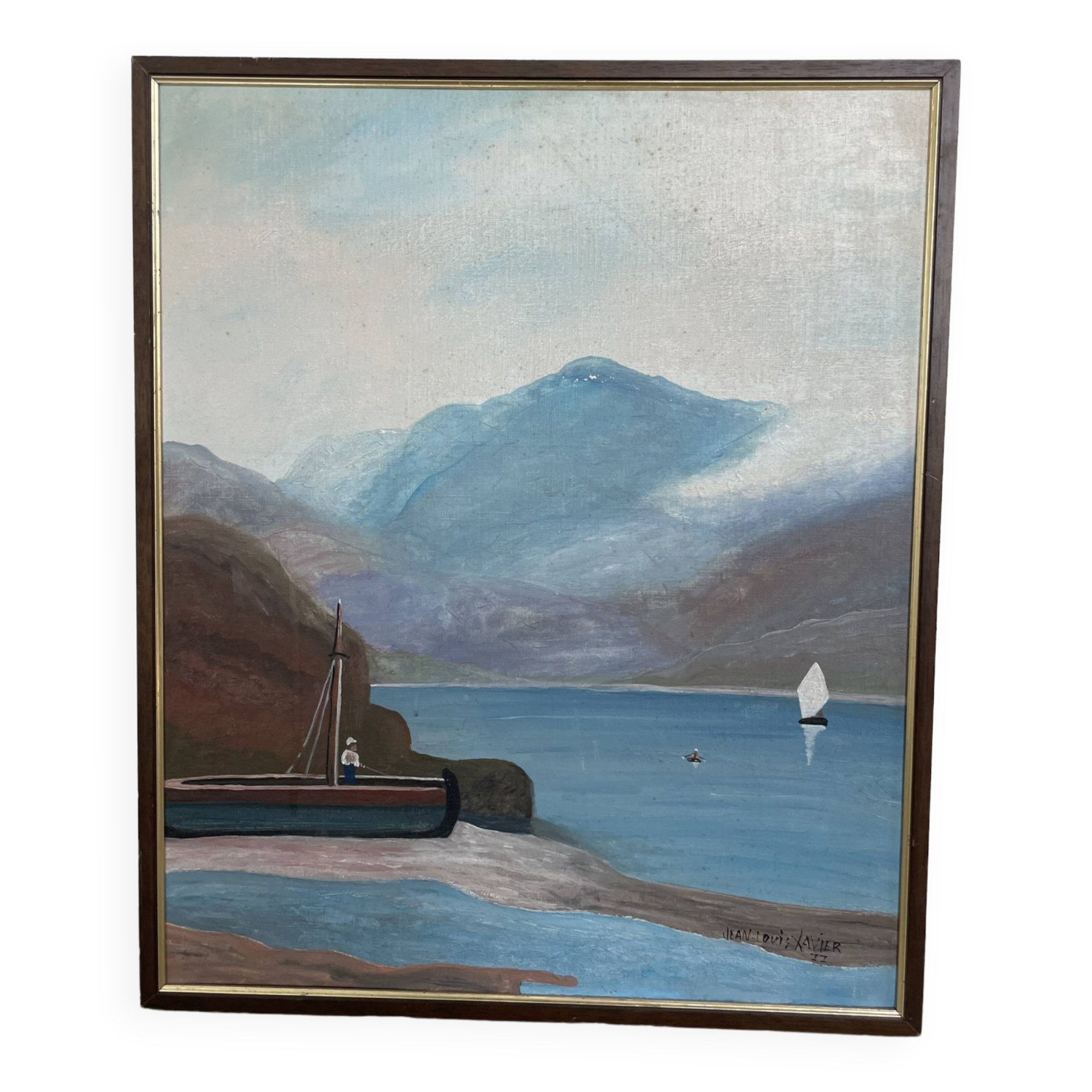 Oil painting on wood boats and lake 1977