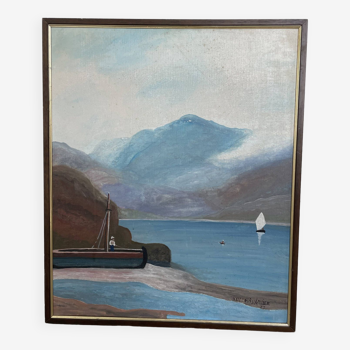 Oil painting on wood boats and lake 1977