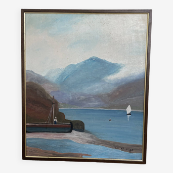 Peinture à l’huile sur bois bateaux et lac 1977