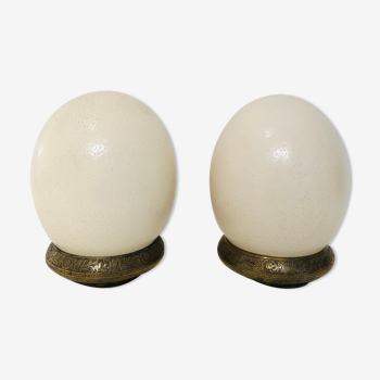 Pair of ostrich eggs on base, early 20th