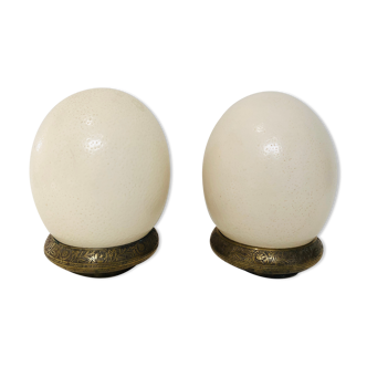 Pair of ostrich eggs on base, early 20th
