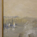 Huile sur toile scène de marine l'entrée au port XX