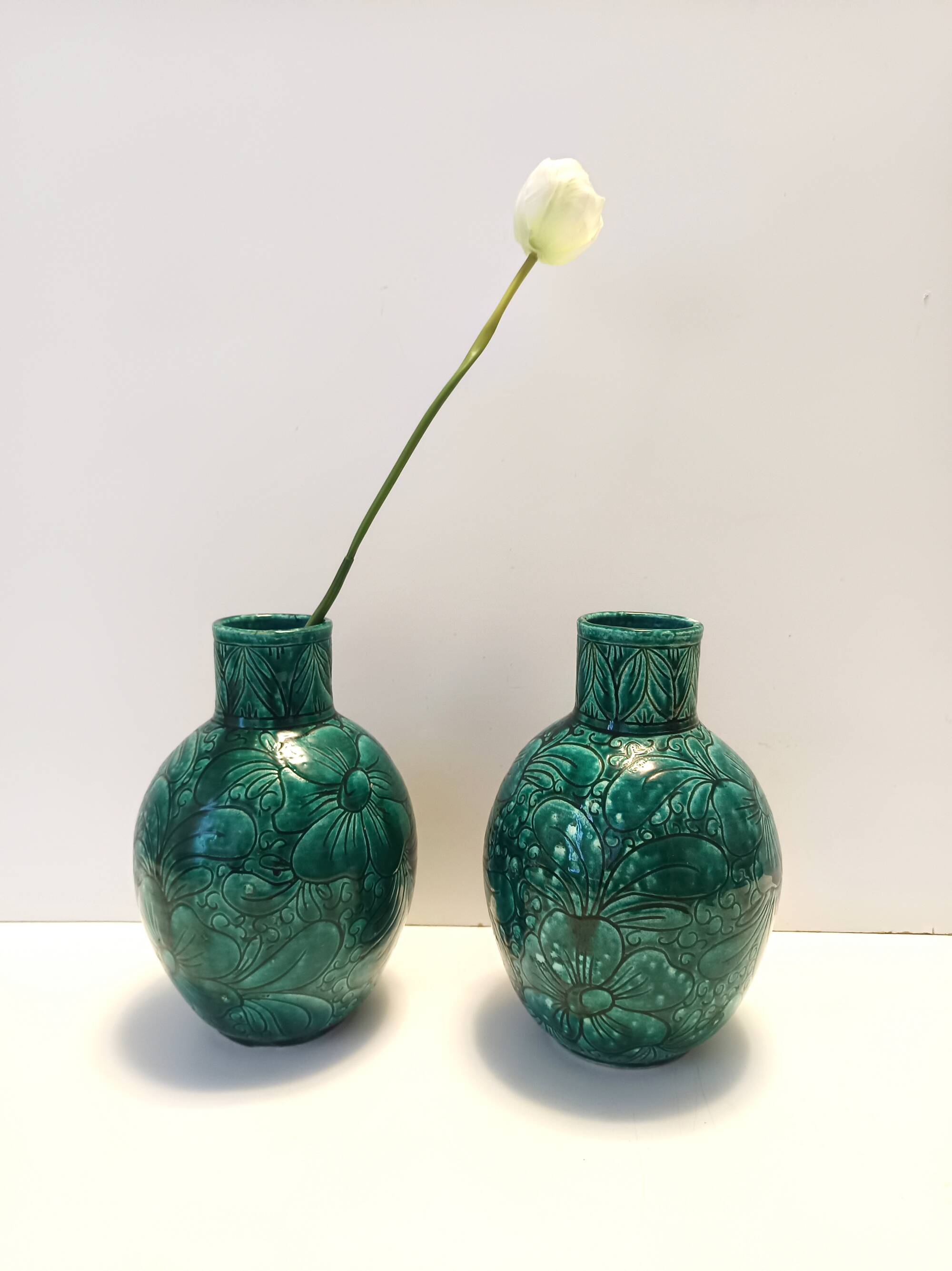 Pair of Handcrafted Green Ceramic Vases by Fanciullacci, Italy