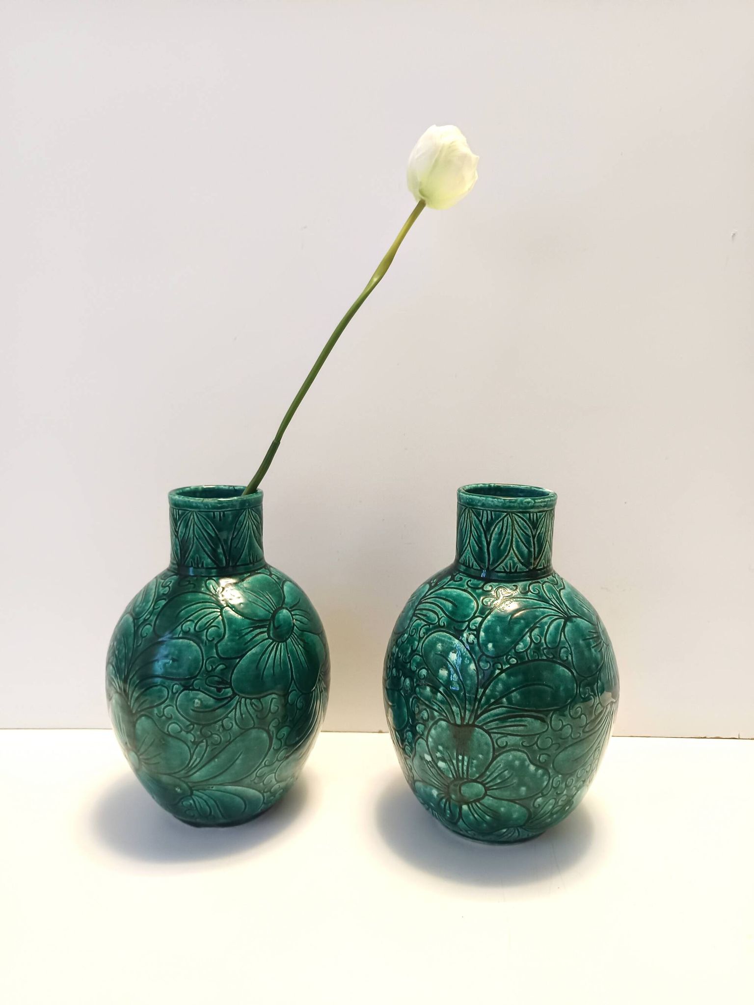 Pair of Handcrafted Green Ceramic Vases by Fanciullacci, Italy