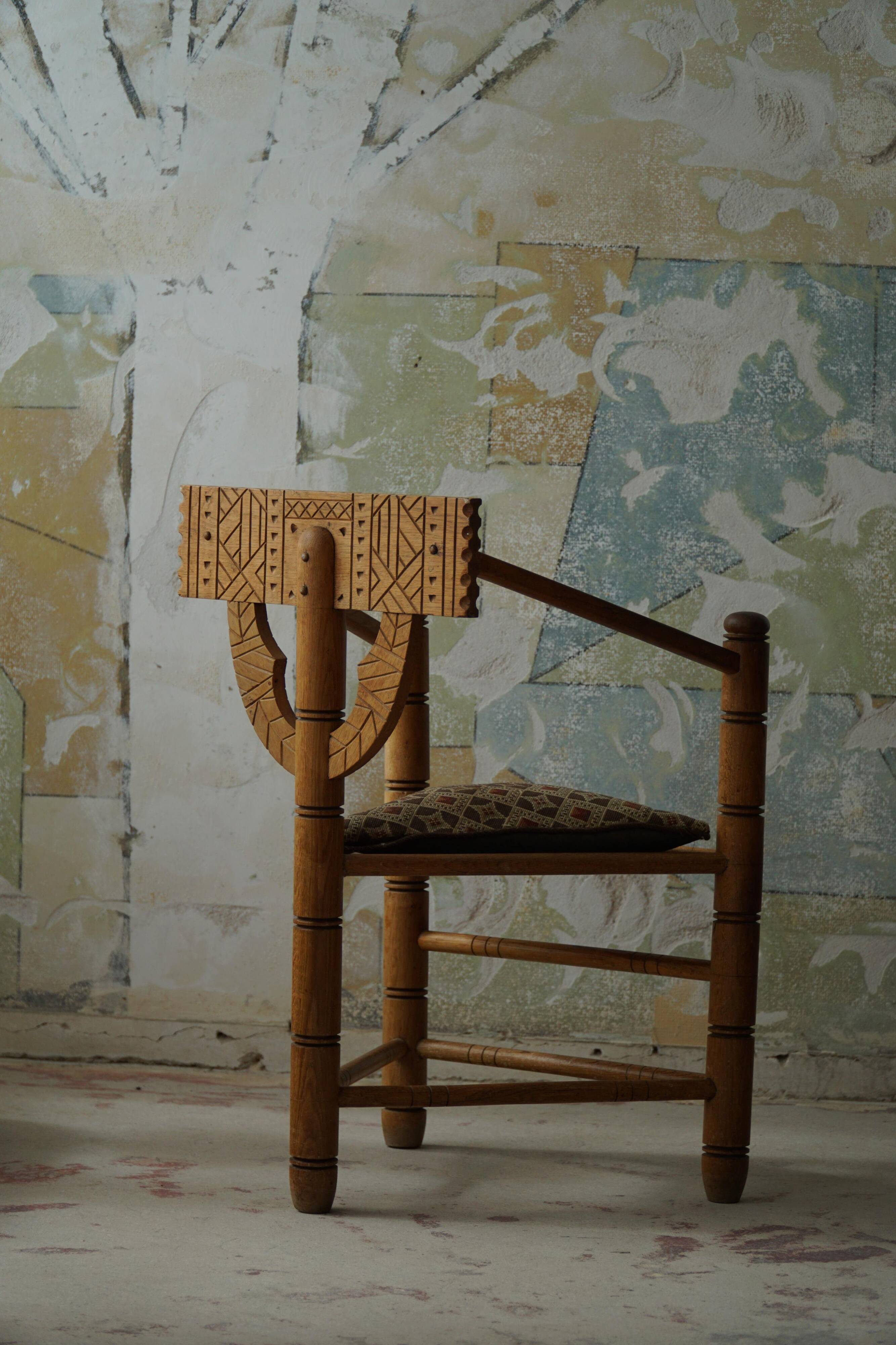 Carved monk's chair in solid oak, Wabi Sabi, Swedish, early 20th century.