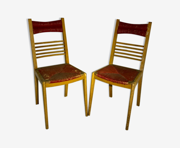 Paire de chaises vintage en bois et paille
