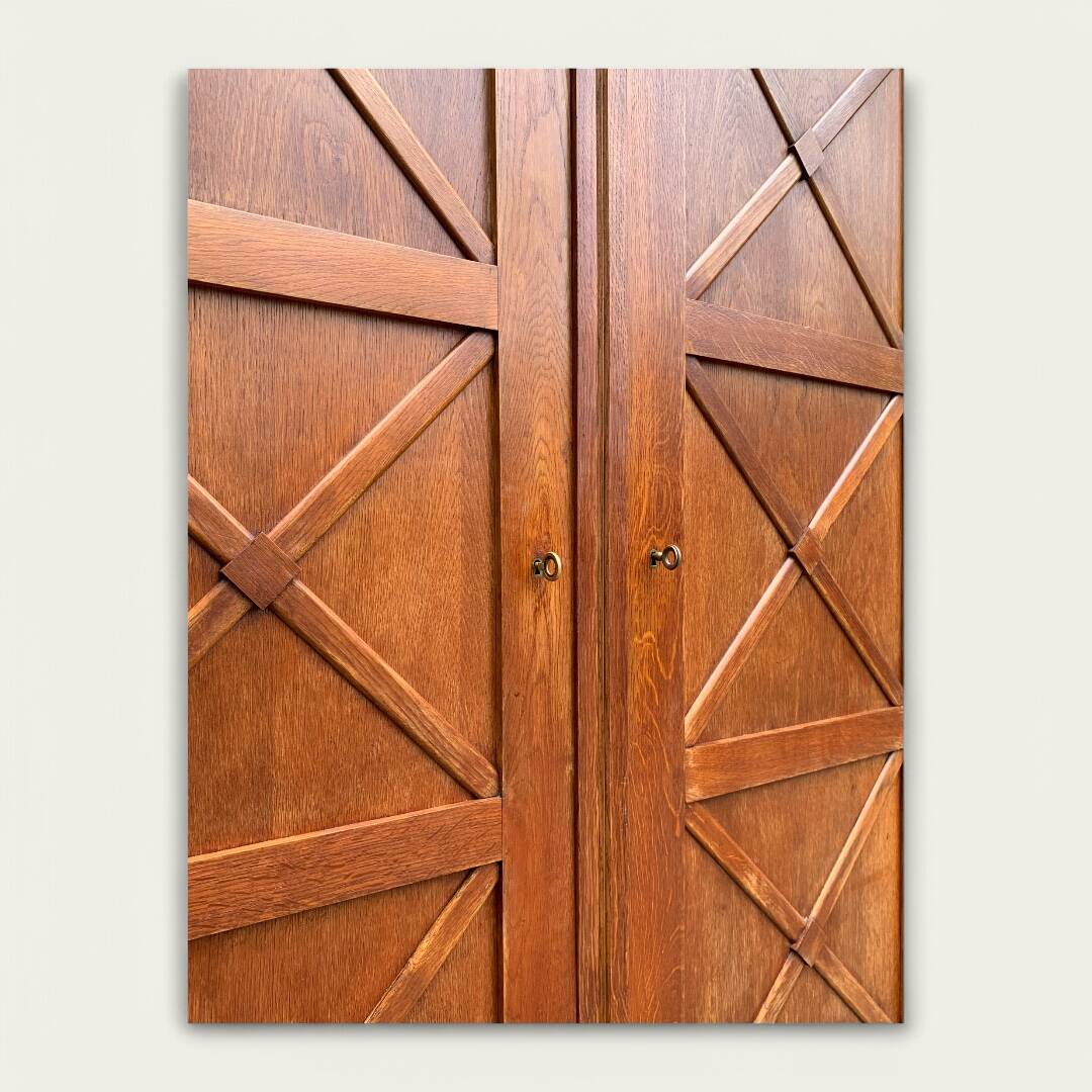 Vintage solid oak cross-braced wardrobe 1940