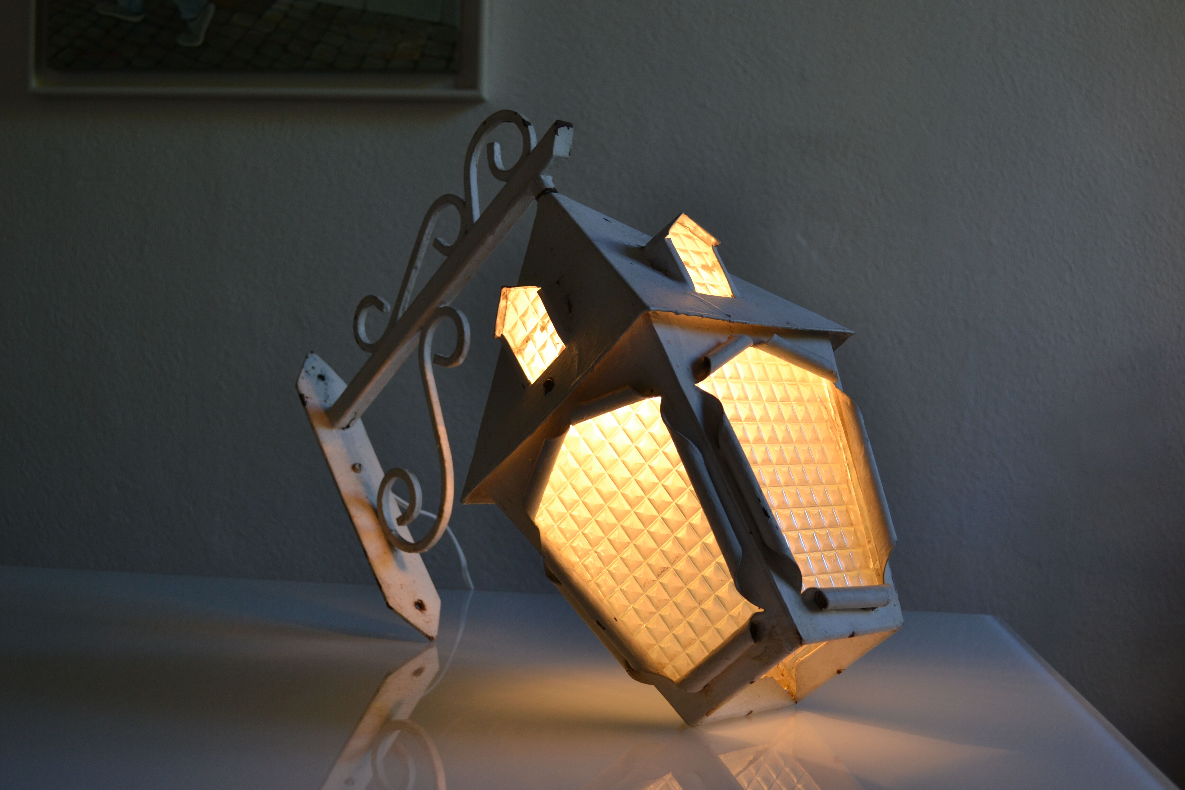 Vintage 1950 wall lamp lantern in wrought iron and glass