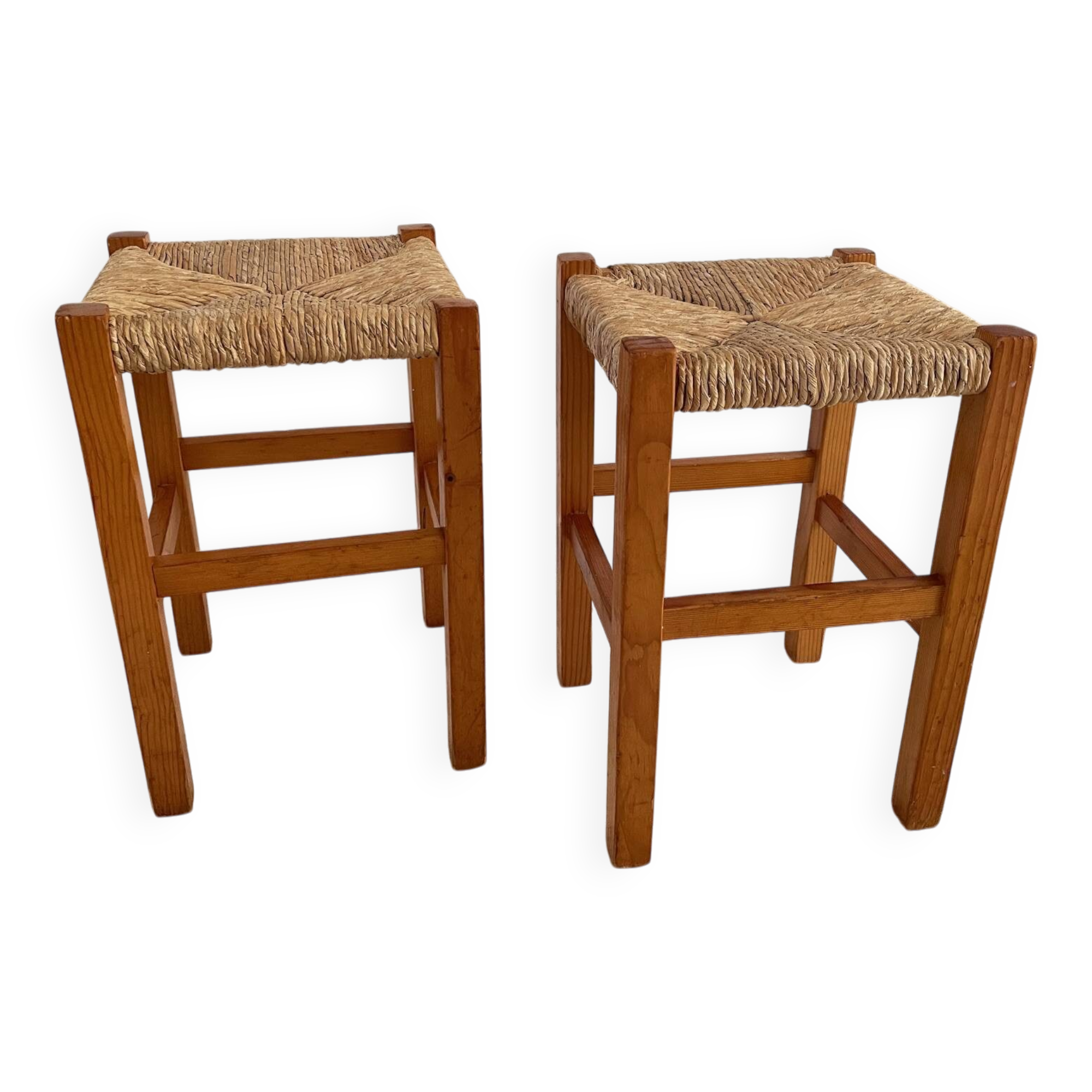 Pair of vintage wooden and straw stools