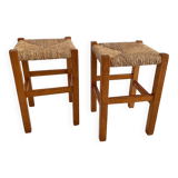 Pair of vintage wooden and straw stools