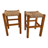 Paire de tabourets bois et paille vintage